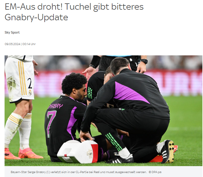 拜仁让事情变得更糟！格纳布里再次腿筋受伤 很可能缺席欧洲杯